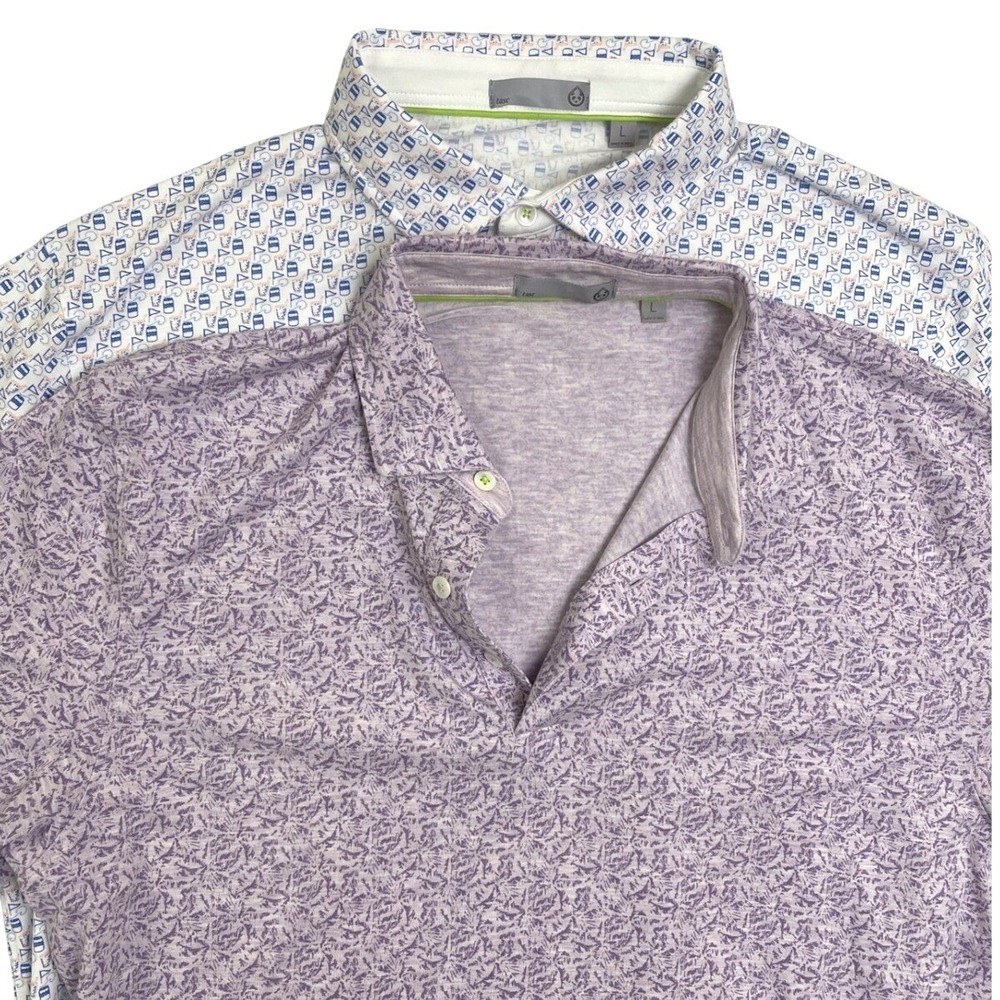 Lot of 2 tasc Performance Mens Polo Shirts Large Purple White All-over Prints